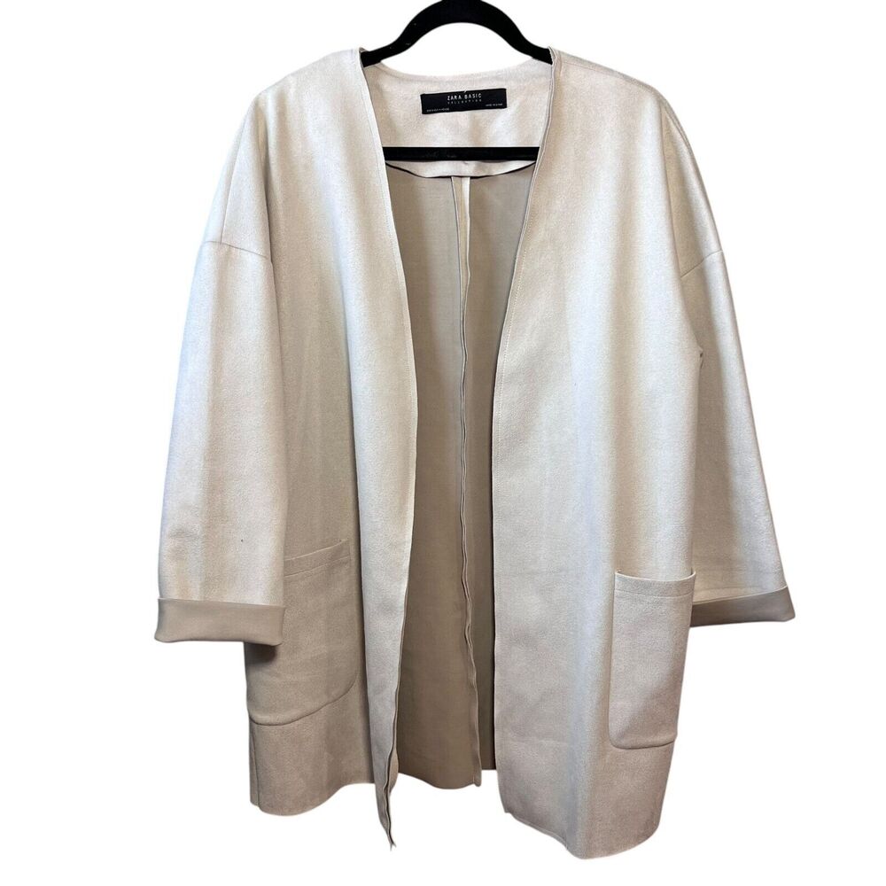 Zara Faux Suede Jacket Cardigan Duster Open Womens Sz. Medium Neutral Minimalist